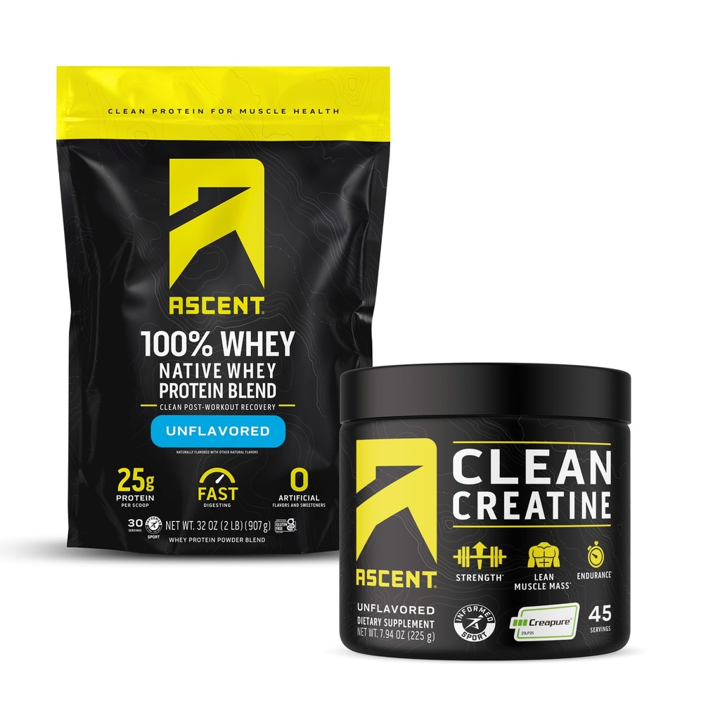Ascent 100% Whey Protein Powder, Unflavored 2 lb & Creatine Monohydrate Powder, Unflavored 45 Servings