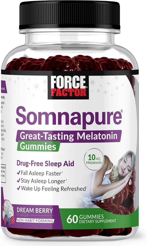 FORCE FACTOR Somnapure Gummies with Melatonin 10 mg for Yetişkinler, Non-Habit-Forming, Natural Sleep Aid for Deep Sleep, Stay Asleep Longer, Wake Up Reneed, Berry Flavor, 60 Kont (Polonya)