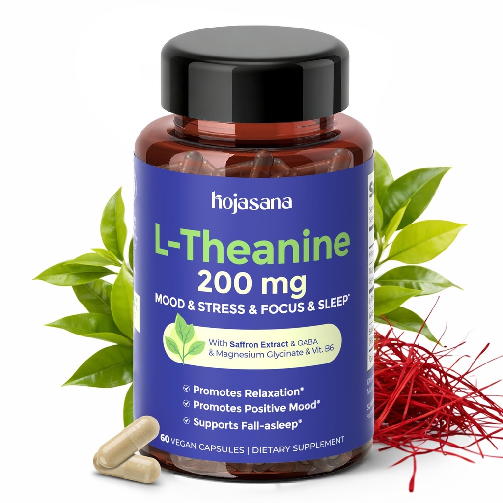L Theanine 200mg με Saffron, GABA, Μαγνήσιο Γλυκινικό & Βιταμίνη B6, L-Θεανίνη Συμπλήρωμα Σύνθετη σύνθετη Φόρμουλα για Ανακουφισμό & Στρες & Υποστήριξη Ύπνου, 60 Κάψουλες Vegan