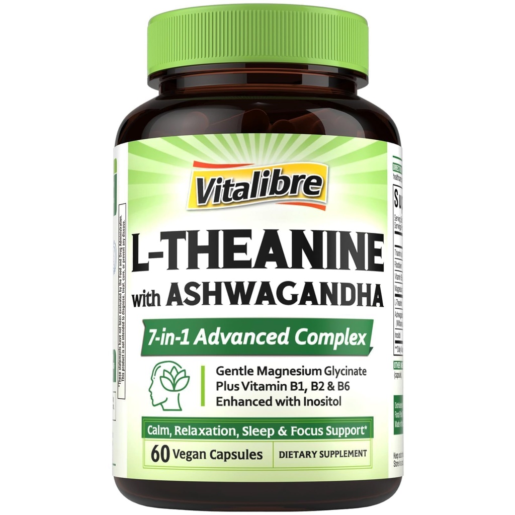 Vitalibre L Theanine Supplement 200mg | 7 in 1 L-Theanine with Magnesium Glycinate, Ashwagandha, Inositol, Vitamin B1 B2 B6 | No Gluten, for Calm, Relaxation, Sleep & Focus Support, 60 Vegan Caps