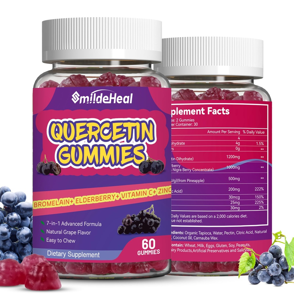 2 Πακέτο Quercetin Gummies 1200MG, Κουερσετίνη Gummies με Bromelain, ψευδάργυρο βιταμίνη C, ανοσοποιητικό σύστημα Vegan Gummy για ενήλικες & Kid, 120 Vegan