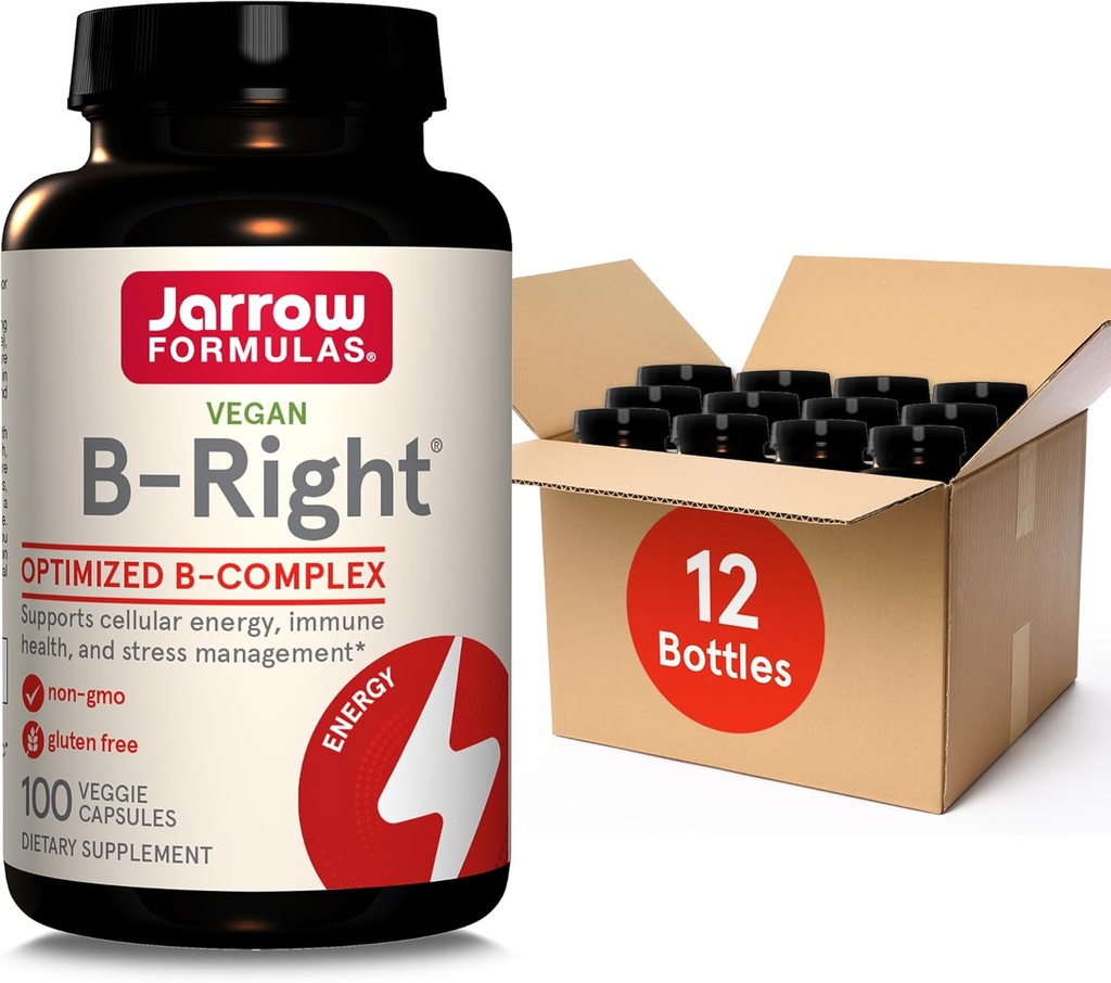 Jarrow Formulas B-δεξιά, βελτιστοποιημένο B Complex που διαθέτει Vit B1,B2,B5,B6,B12 και B9 για την υποστήριξη Cellular Energy, Immune Health and Strress Management,100 Veggie Caps,Μέχρι 100 ημέρες προσφοράς, πακέτο των 12