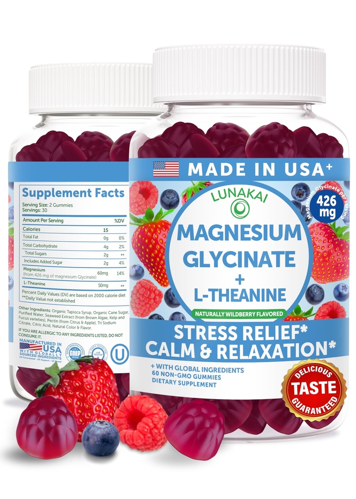 Lunakai USA, Magnezyum Glycinate Gummies 426mg ile L-Theanine – Calm, Sleep, Stress Relief for Yetişkinler & Kids, Non-GMO, Vegan, 60ct
