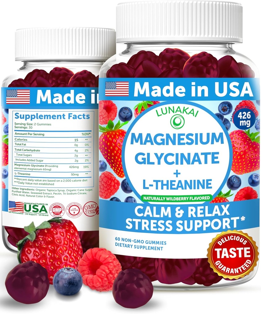 Lunakai USA, Magnezyum Glycinate Gummies 426mg ile L-Theanine – Calm, Sleep, Stress Relief for Yetişkinler & Kids, Non-GMO, Vegan, 60ct