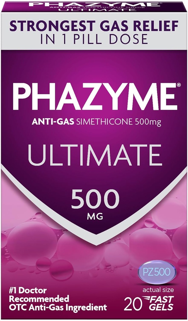 Phazyme Ultimate Strength Anti-Gas 500 mg Simethicone Gas Relief for Yetişkinler, Hızlı Gels hızla Ease Bloating, Basınç ve Discomfort, 20 Count