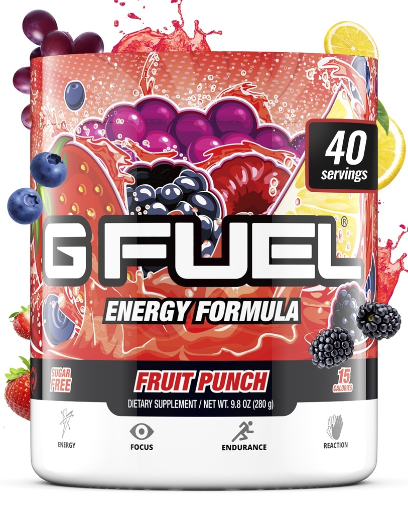 G Fuel Fruit Punch Energy Drink Powder, Pre Workout Caffeine Mix for Gaming, Sugar Free Focus Amino, Vitamin + Antioxidants, 9.9oz (Fruit Punch, 40 Servings)