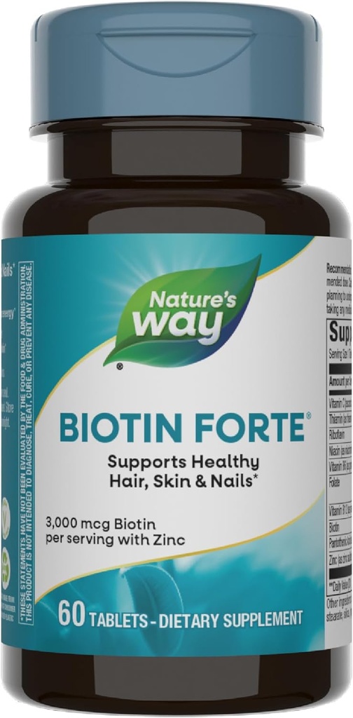 Nature's Way Biotin Forte, Supports Health Saç, Skin & Nails*, 3000 mcg Biotin, B-Vitamins, 60 Tablet (Pazar Mayıs Vary)