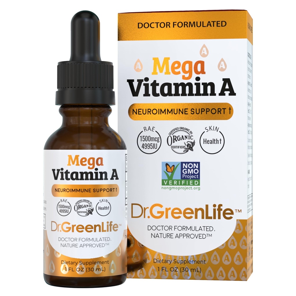 Dr. Green Mom Mega Vitamin A Liquid Drops | 1500 mcg RAE Per 1 Drop, 1180 Servings Per Bottle | Certified Organic, Non-GMO in Organic MCT Oil | Retinyl Palmitate | Infants, Kids & Adults | 1 fl oz