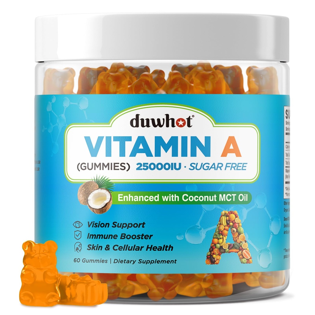 duwhot Vitamin A Gummies, 25000IU Vitamin A Supplement from Retinyl Palmitate & Fish Liver Oil, with Coconut Oil for High Absorption, Vision, Skin & Immune Health, Sugar-Free, Non-GMO, 60 Servings