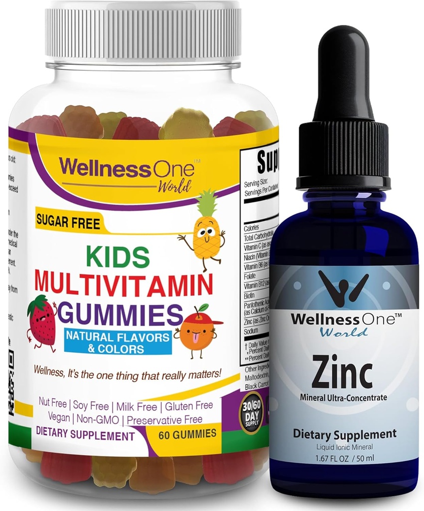 WellnessOne Liquid Zinc & Kids Multivitamin Gummies - Great Duo to Boost Energy, Immunity & Your Kids’ Brain Health - 1,67 fl oz Zinc Liquid Drops & 60 Bear Fruity Flavored Gummy Multivitamin for Kids