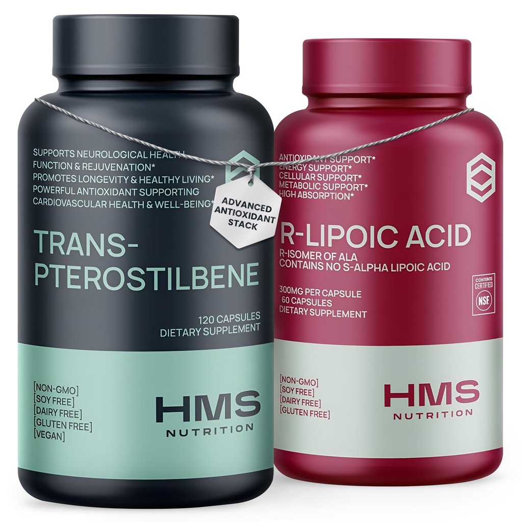 HMS Nutrition Trans-Pterostilbene 120 Count + R-Lipoic Acid 60 Count – Antioxidant & Cellular Health Support Supplement