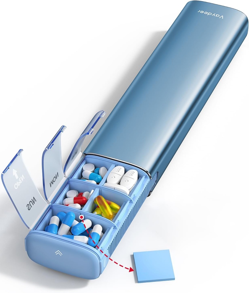 Vaydeer 7 Günlük Pill Organizer (Bir Güne Destek) Metal Seyahat Pill Case, Büyük Kapasite Günlük Sevimli Pill Box for Supplements, Pills, Vitamins and Drug (Mavi)
