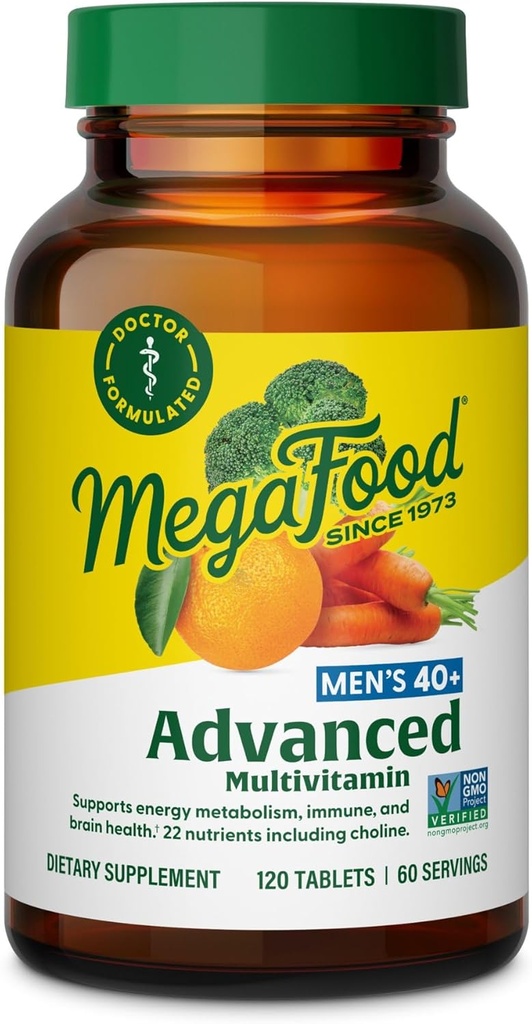 MegaFood Men's 40+ Advanced Multivitamin for Men - Dr-Formated - Choline, B, Vitamin C, Vitamin D, çinko & Real Food - Brain Health, Immune Support - Vegetarian - 120 Tabs (60 Hizmet)