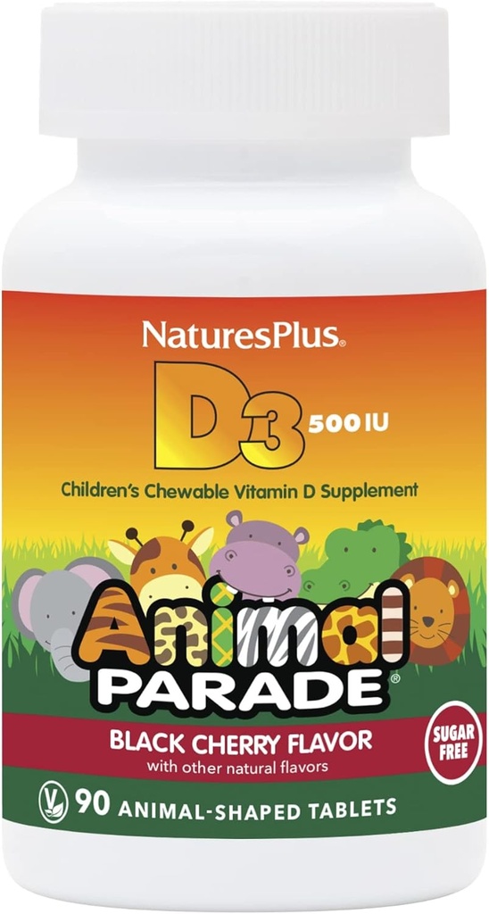 Natures Plus Animal Parade Sugar-Free Children's Vitamin D3-500 IU - Black Cherry Flavor - 90 Chewable Animal Shaped Tabletler - Bone Health & Immune System Support - 90 Servisler