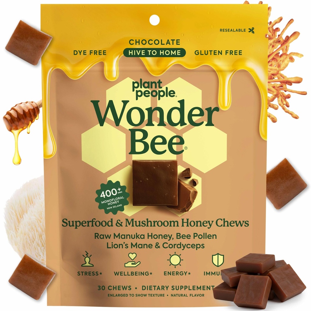 Plant People WonderBee Super Mushroom Manuka Honey Chews - Bee Pollen, Lion's Mane & Cordyceps - Cognition, Energy & Immune Support (30 Count)