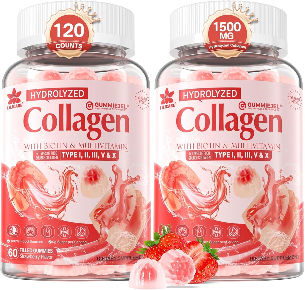 2Pack Sugar-Free Hydrolyzed Collagen Peptide için Gummies for Women & Men, 1500 mg Protein Tip I,II,III,V,X, 5000 Find Biotin C A E D3 B6 B12 için Immune Diges
