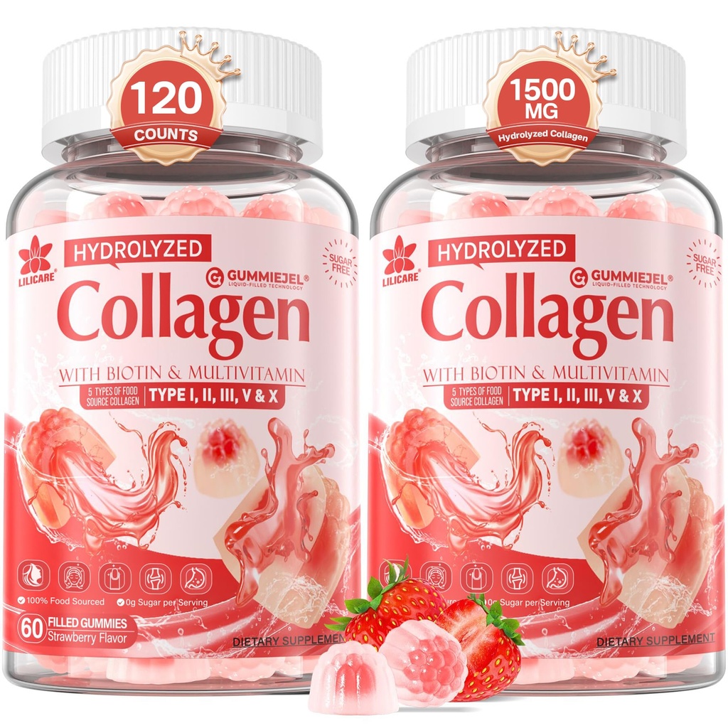 2Pack Sugar-Free Hydrolyzed Collagen Peptide için Gummies for Women & Men, 1500 mg Protein Tip I,II,III,V,X, 5000 Find Biotin C A E D3 B6 B12 için Immune Diges