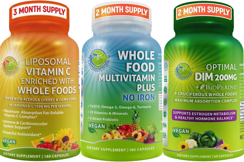 SUPPLEMENTS STUDIO Vegan Immune, Energy & Hormon Support Sche for Men and Women – Vegan Whole Food Multivitamin Without Iron + Liposomal Vitamin C 1500 mg + Optimal DIM 200 mg with BioPerine®