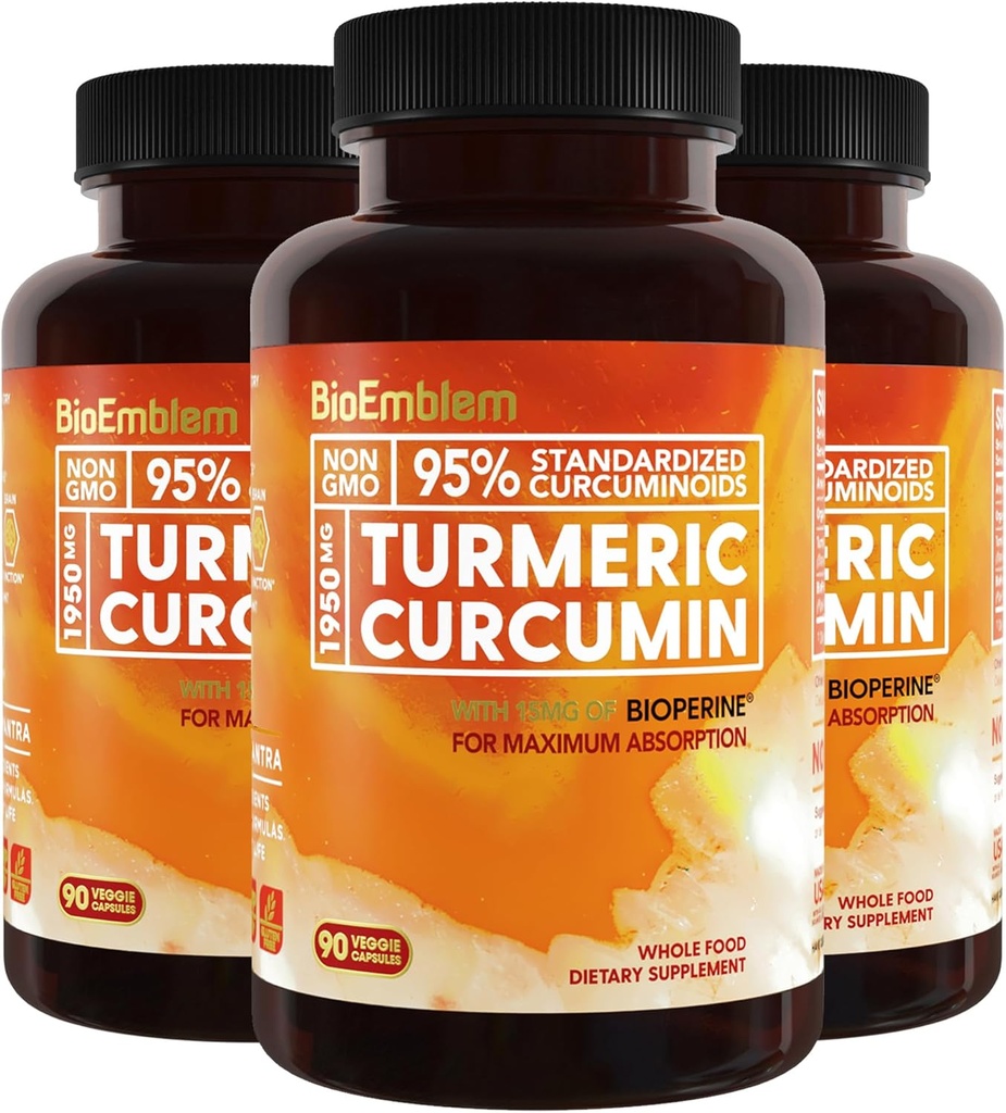 BioEmblem Turmeric Curcumin Supplement with BioPerine | Ortak Destek & Kalp Sağlığı | Organik Turmeric Toz &% 95 Curcuminoids Extract | California Made, Non-GMO, 90-Day Supply