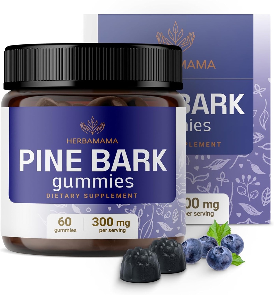 HERBAMAMA Pine Bark Extract Gummies - 300 mg Fransız Deniz Evk Ağaç Antioksit Desteği için - Vegan, Non-GMO Pinus Pinaster Supplement - 60 Pectin-Based Blueberry-Flavored Chews