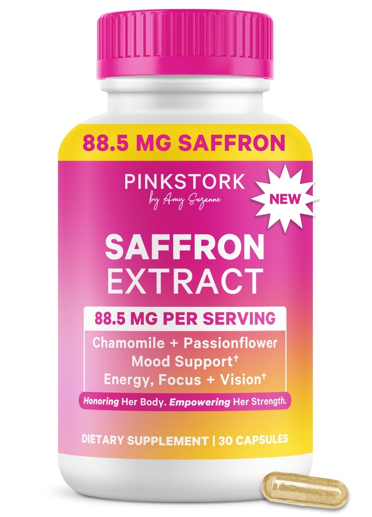 Pink Stork Saffron Extract for Women | 88.5 mg with Chamomile + Passionflower | Mood Support for Emotional Wellness, Calm + Focus | Hormonal Mood Balance | 30 Capsules