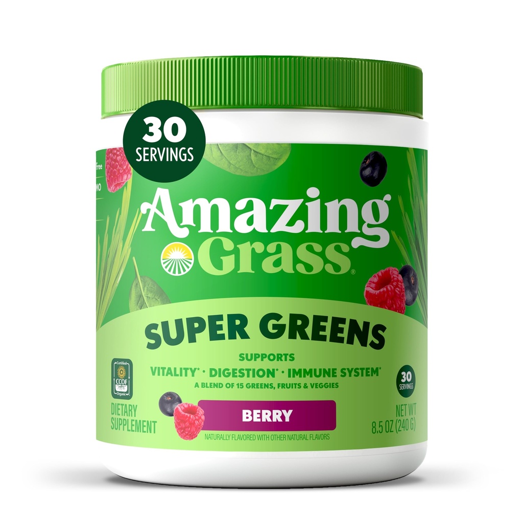Amazing Grass Greens Superfood Powder: Greens Powder with Digestive Enzymes & Probiotics, Organic Spirulina, Chlorella, and Beet Root Powder, Berry, 30 Servings (Packaging May Vary)