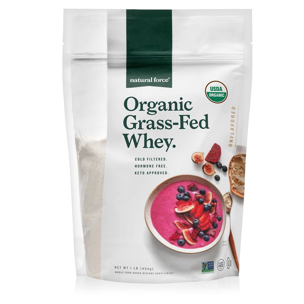 Natural Force Grass Fed Organic Whey Protein Powder - Non GMO, Keto Friendly, Low Carb, Kosher - Lab Tested for Toxins - Pure & Unflavored - 16 oz.