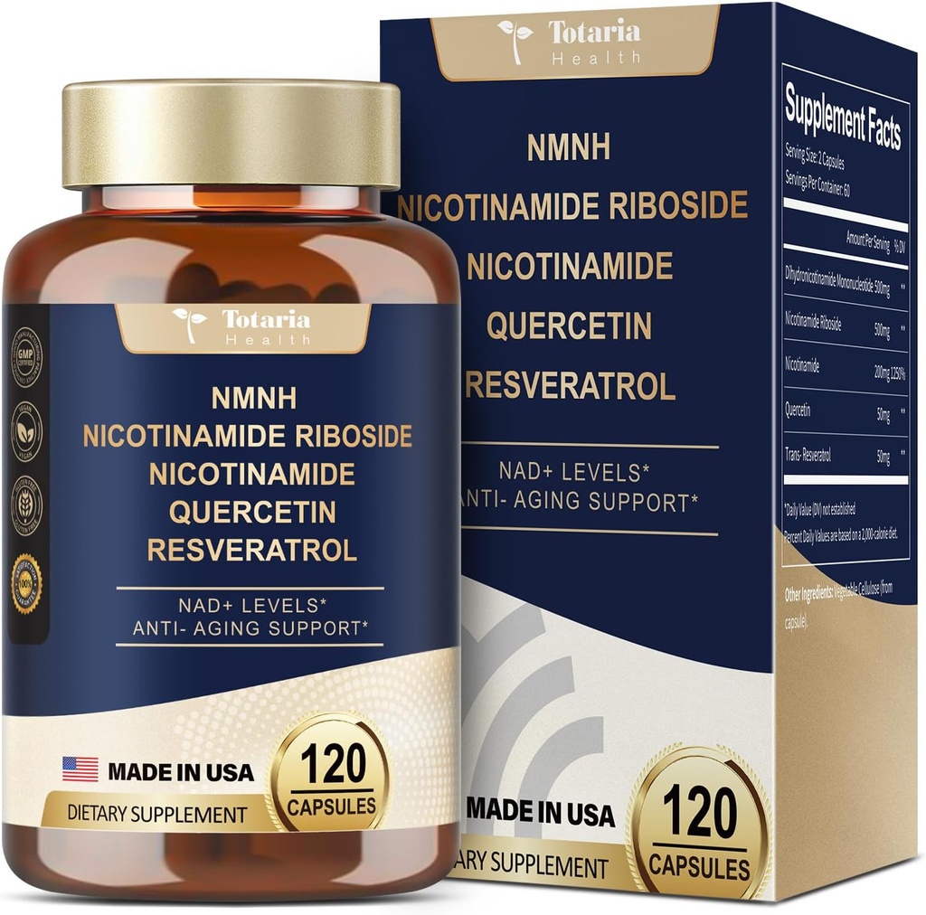 Totaria NMNH (Dihidrinamid Mononüotid), NMNH Supplement w/Niacinamid (Vitamin B3), Quercetin, Trans-Resveratrol, Destek NAD+, Skin Cell Health*, Anti-Aging & Energy, 120 Caps