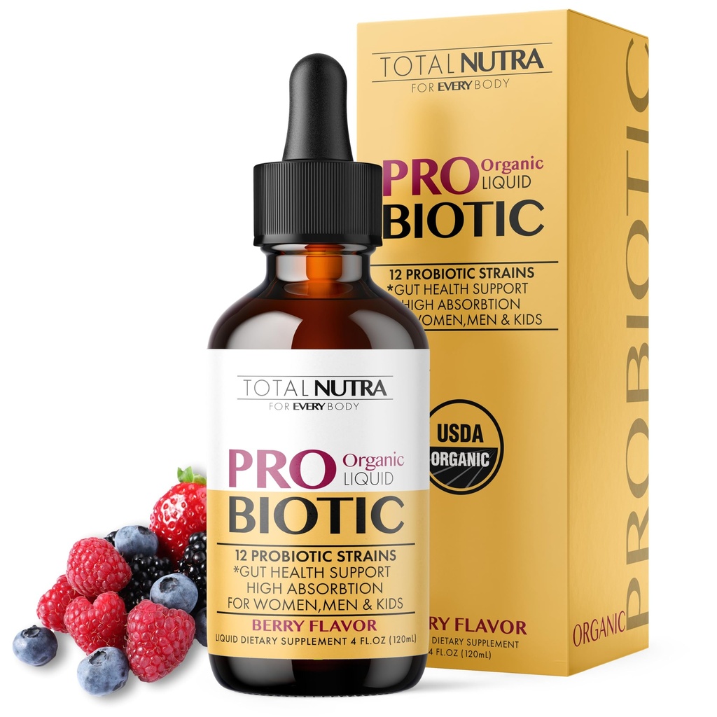 USDA Organic Liquid Probiotic for Kids, Women & Men, Toddler Probiotic Drops with Alfalfa Prebiotic Blend + Acidophilus for Gut Health, Vegan, Non-GMO, Dairy, Gluten & Sugar Free