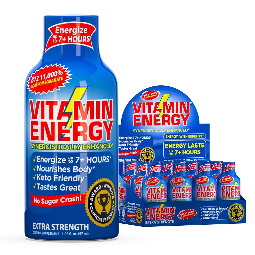 Vitamin Energy B12 11,000% Extra Strength Energy Shot Açai Ρόδι 12 Pack, 260mg Φυσική καφεΐνη, B12 & B6, Nootropic Focus, Vitality, Zero Sugar, Gluten-free, Vegan, Kosher, 1.93 fl oz