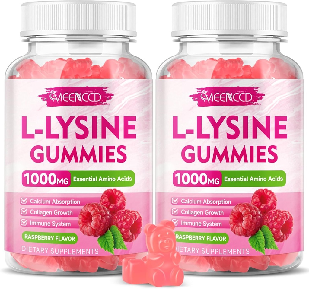 2 Συσκευασία L-Lysine 1000mg Gummies, Lysine συμπλήρωμα για ενήλικες & παιδιά, Essential Amino Acid για τα χείλη & στοματική υγεία, ενίσχυση ανοσοποιητικό & κολλαγόνο & ασβέστιο, ζάχαρη-ελεύθερο, σμέουρο άρωμα, 120 Count