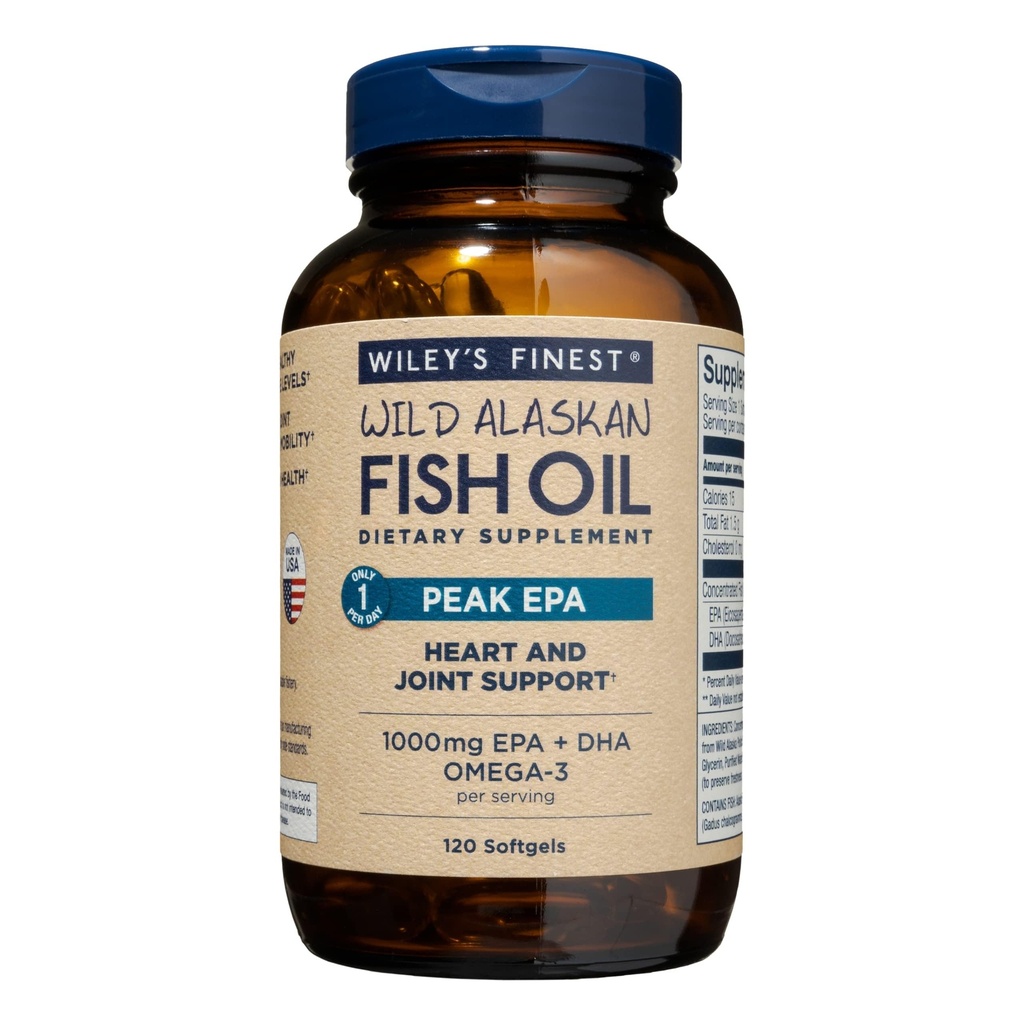 Wiley's Finest Wild Alaskan Fish Oil Peak EPA - Triple Strength Peak EPA & DHA Supplement - 1000 mg Fish Oil - Omega-3s for Joint Health Support - 120 Softgels (120 servis)