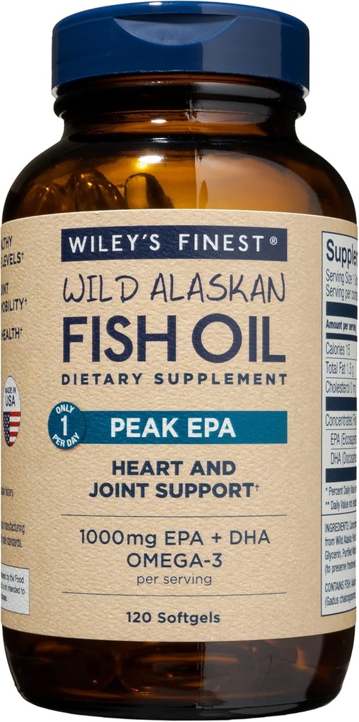 Wiley's Finest Wild Alaskan Fish Oil Peak EPA - Triple Strength Peak EPA & DHA Supplement - 1000mg Fish Oil - Omega-3s for Joint Health Support - 120 Softgels (120 Services)