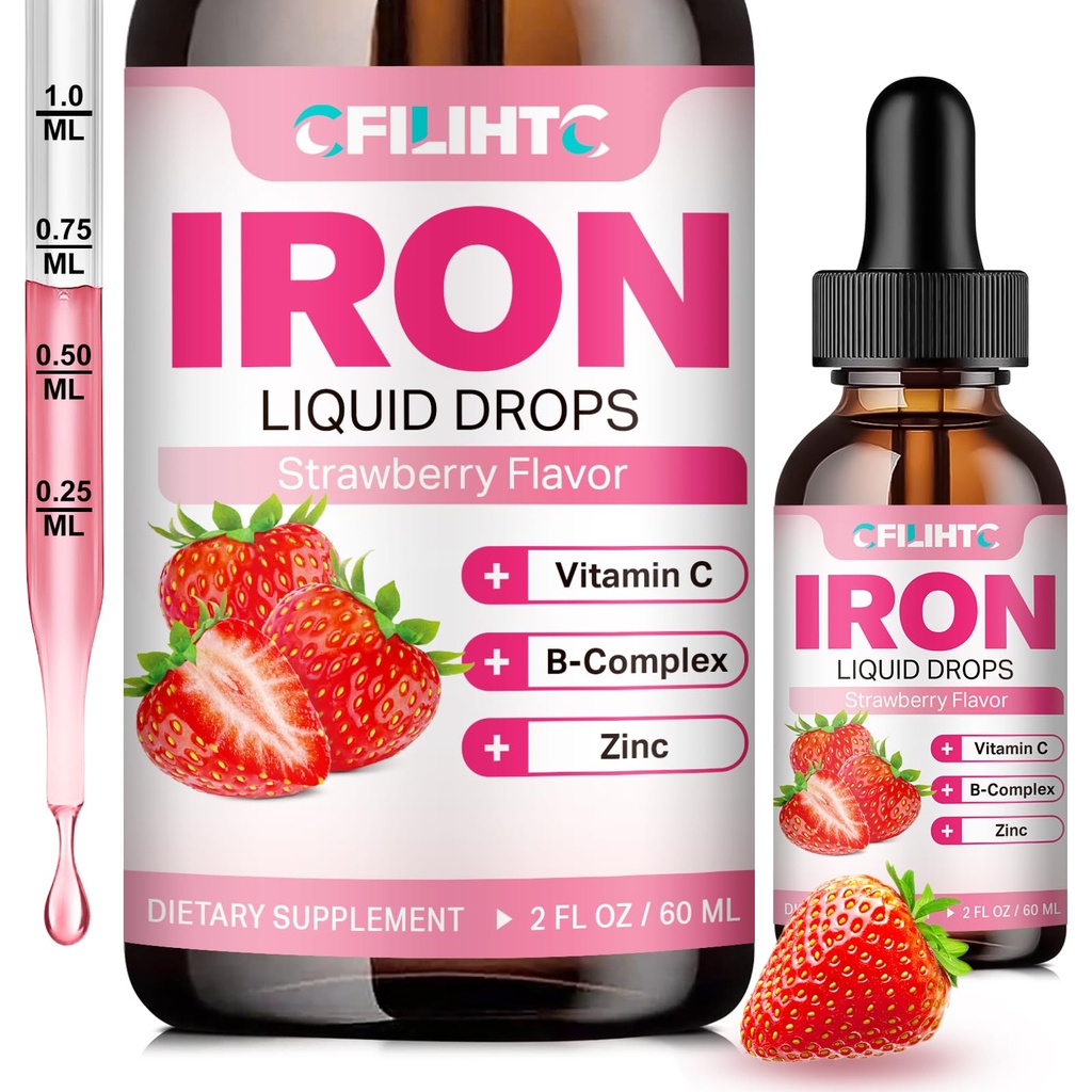 Kadınlar için sıvı Demir Supplement & Çocuklar için Multivitamin Demir Drops, Folate, C, B6, B12, Anemi için çinko, Iron Deficiency, Blood Builder, Energy - Natural Strawberry Flavor, Vegan 2 Fl Oz Oz