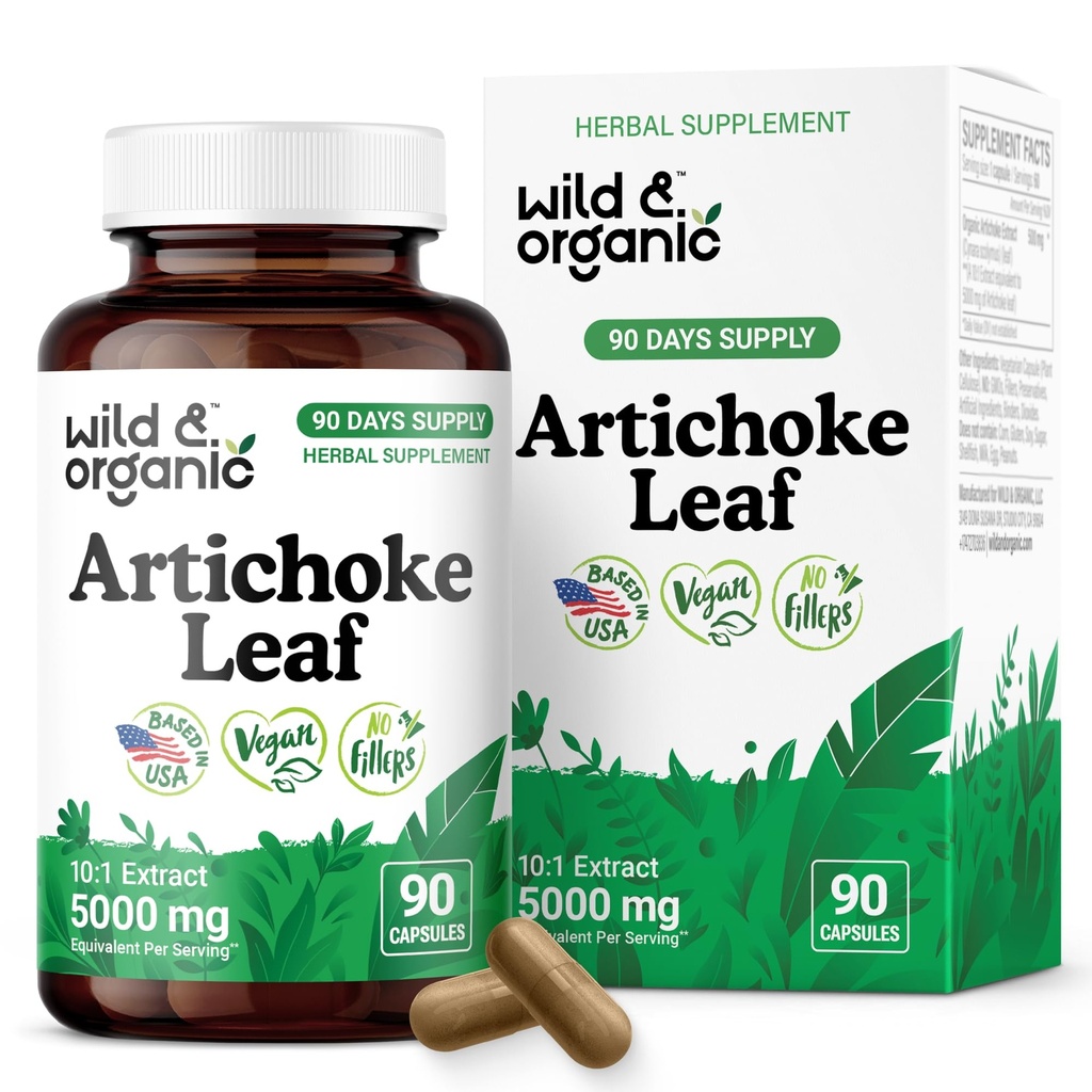 Wild & Organic Artichoke Extract Capsules 500 mg - Liver & Digestive Support - Artichoke Leaf Extract Supplement - Cynara Scolymus Leaf Powder - Vegan, No Fillers, Non-GMO - 90 Count