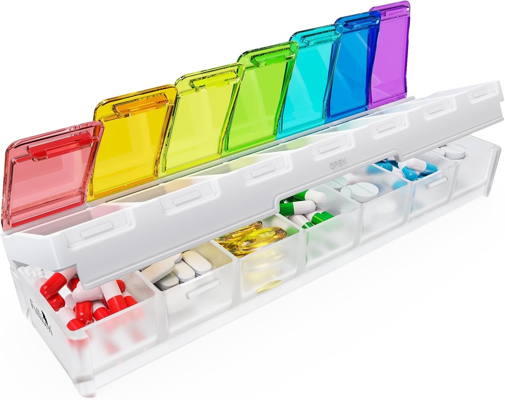 Fullicon Weekly Pill Organizer 7 Day Quick Fill & Spill Prod Büyük Pill Box with Free records Travel Medicine Organizer for Medicine, Vitamin, Fish Oil, Supplement (Rainbow Clear)