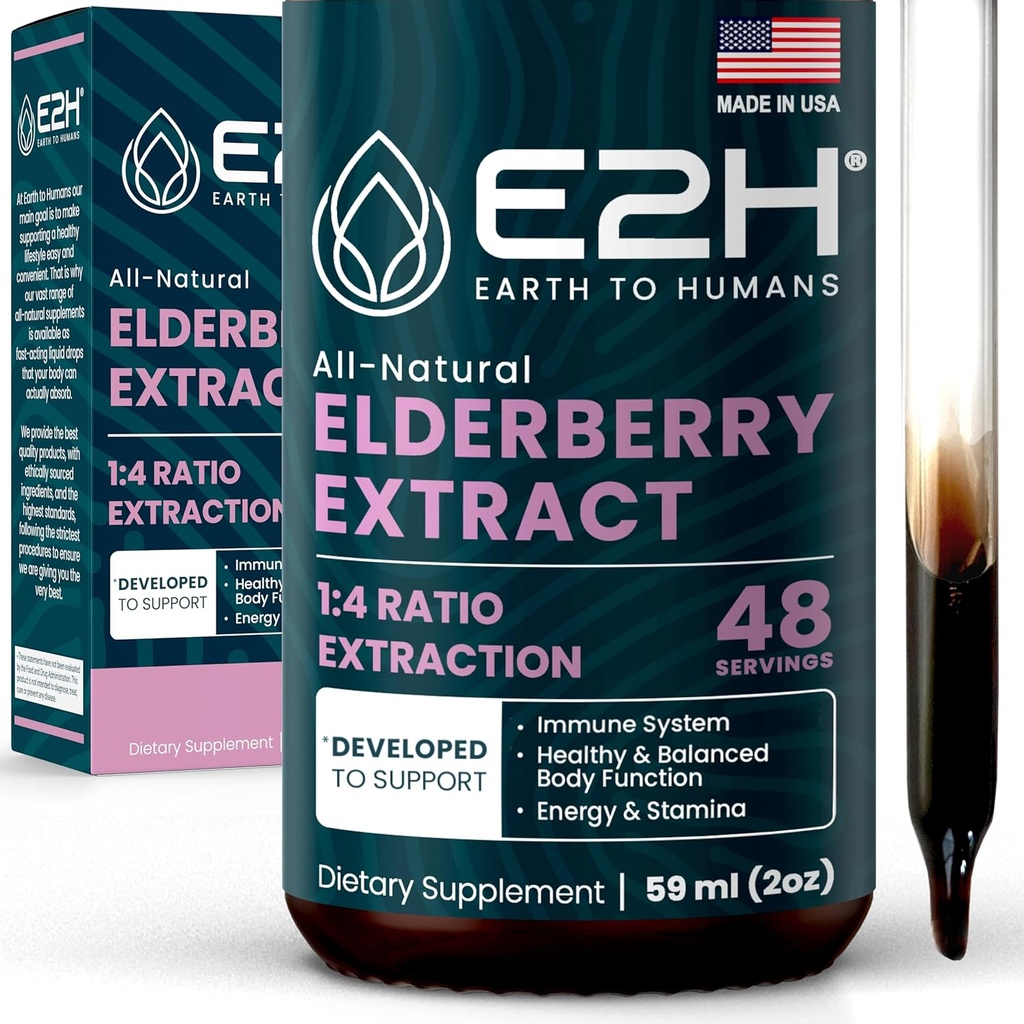 E2H Elderberry Syrup - Organik Elderberries Ekstraksiyondan Güçlü Antioksis Supplement - Sambucus Elderberry Syrup for Kids & Yetişkinler for Immune Support - Non-GMO, Vegan - 2 Fl Oz Oz