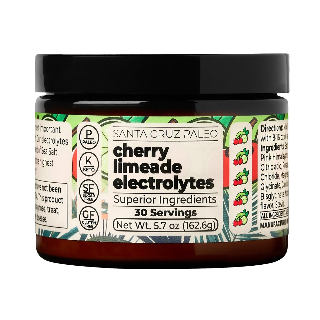Santa Cruz Paleo Electrolyte Powder, Cherry Limeade, Sugar Free Hydration Drink Mix with Himalayan Pink Salt, Sea Salt, Magnesium Glycinate, Potassium Chloride, Sweetened with Stevia, 30 Servings