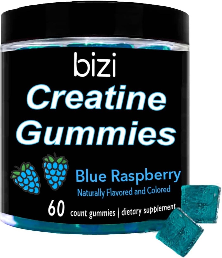 Bizi Creatine Gummys για άνδρες και γυναίκες - 1g Creatine Monohydrate per Gummy - Καρπούζι Γεύση - προπόνηση, μυϊκή ανάπτυξη, και συμπλήρωμα αποκατάστασης - Vegan & Gluten Free (60 ct) (Blue Raspberry)