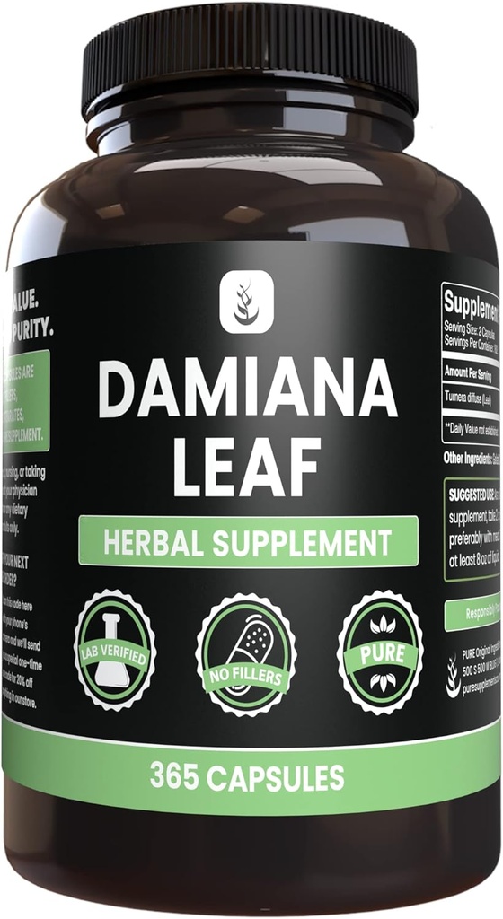 ΑΝΩΤΑΤΑ ΑΡΧΙΚΑ ΣΥΣΤΑΤΙΚΑ Damiana Leaf (365 Κάψουλες) Όχι Μαγνήσιο ή Γέμισμα ρυζιού, Πάντα Αγνή