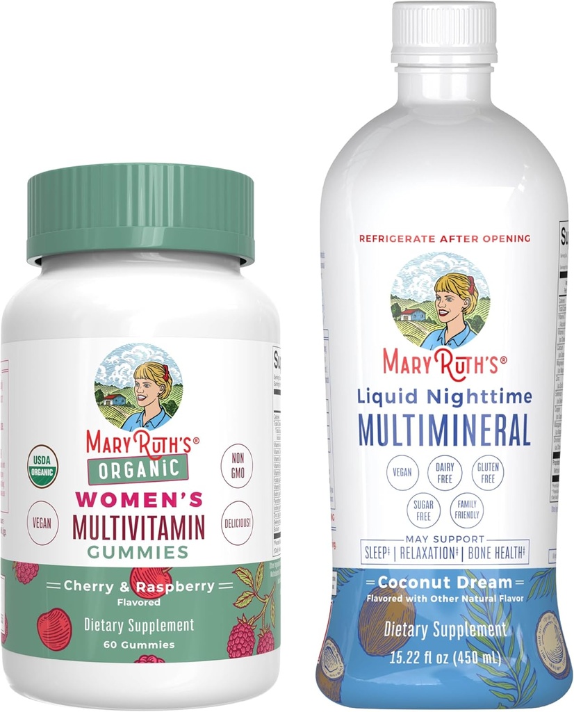 MaryRuth's Multivitamin Gummies for Women (Strawberry) & Liquid Nighttime Multimineral (Pineapple) | Clean Label Project  Valid® | USDA Organic & Vegan | Beauty, Bedtime Routine, & General Health