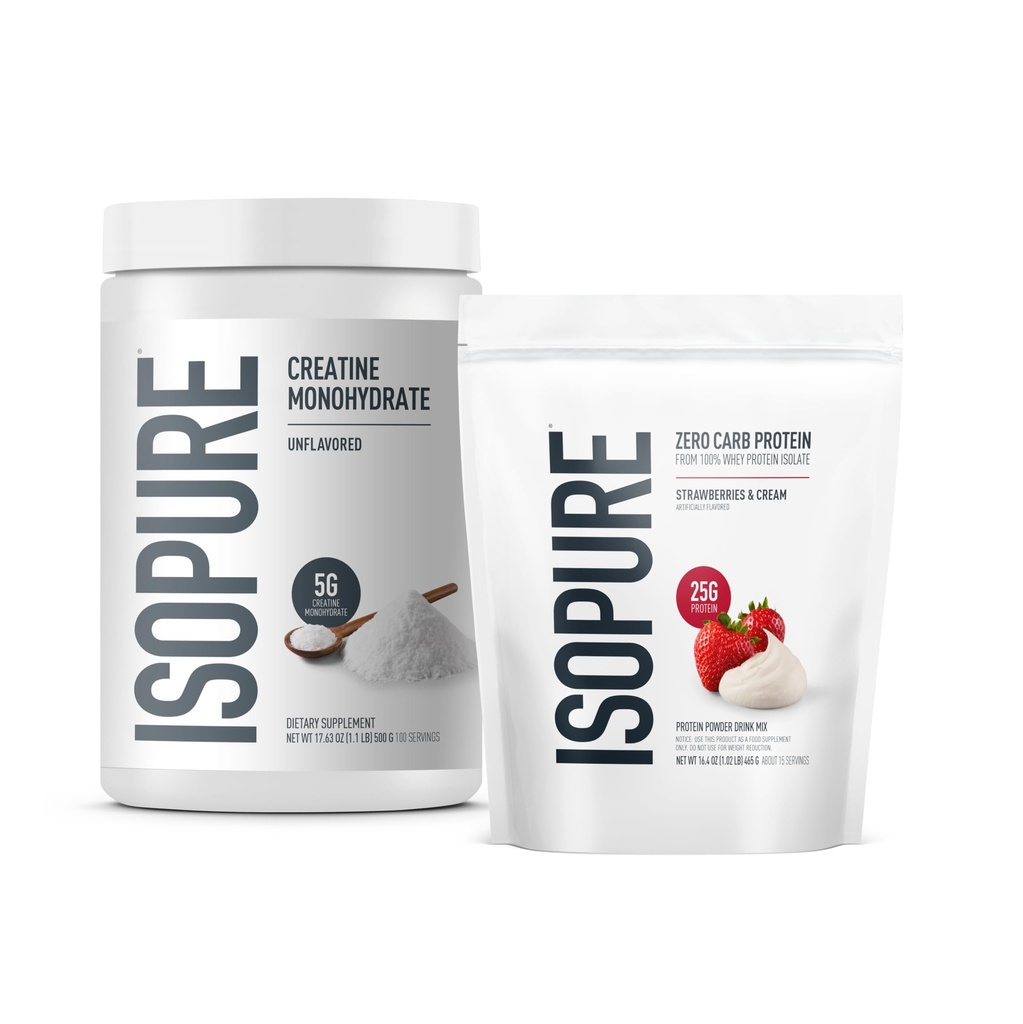 Zero Carb% 100 Pure Whey Isolate protein Toz, Strawberries & Cream, 25g proteini, 1 Lb, 15 Hizmet + Isopure 100% Saf Kretine Monohidrat Toz, 100 Hizmet