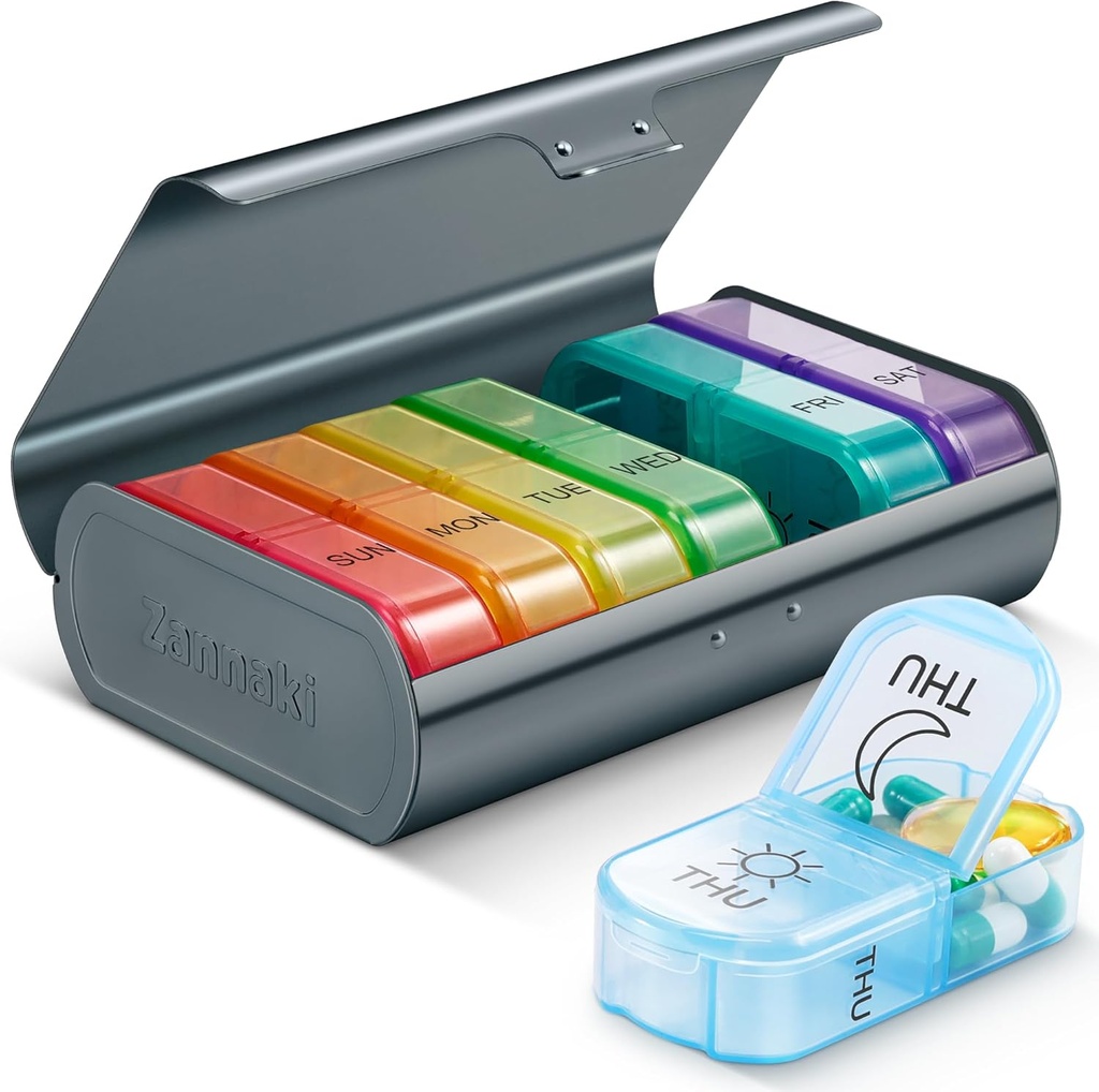 Zannaki Metal XL Haftalık Pill Organizer 2 Zaman Bir Gün, Büyük Seyahat Günlük Pill Box 7 Gün, Portatif Hafta İki Pill Sahibi Konteyner, AM PM Pill Case for Medicine Vitamin Drug Supplement, Grey