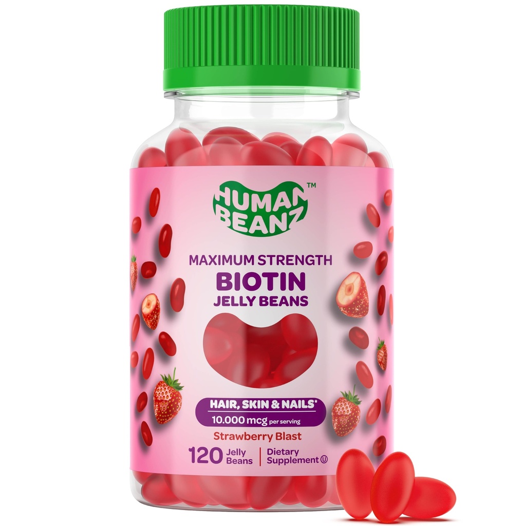 Biotin Jelly Bean Gummy Vitamins, Max Strength Biotin for Hair, Skin and Nails, hizmet başına 10.00006, Erkekler ve Kadınlar için Saç Büyüme Vitaminleri, 120 Strawberry Blast Jelly Beans, Kosher