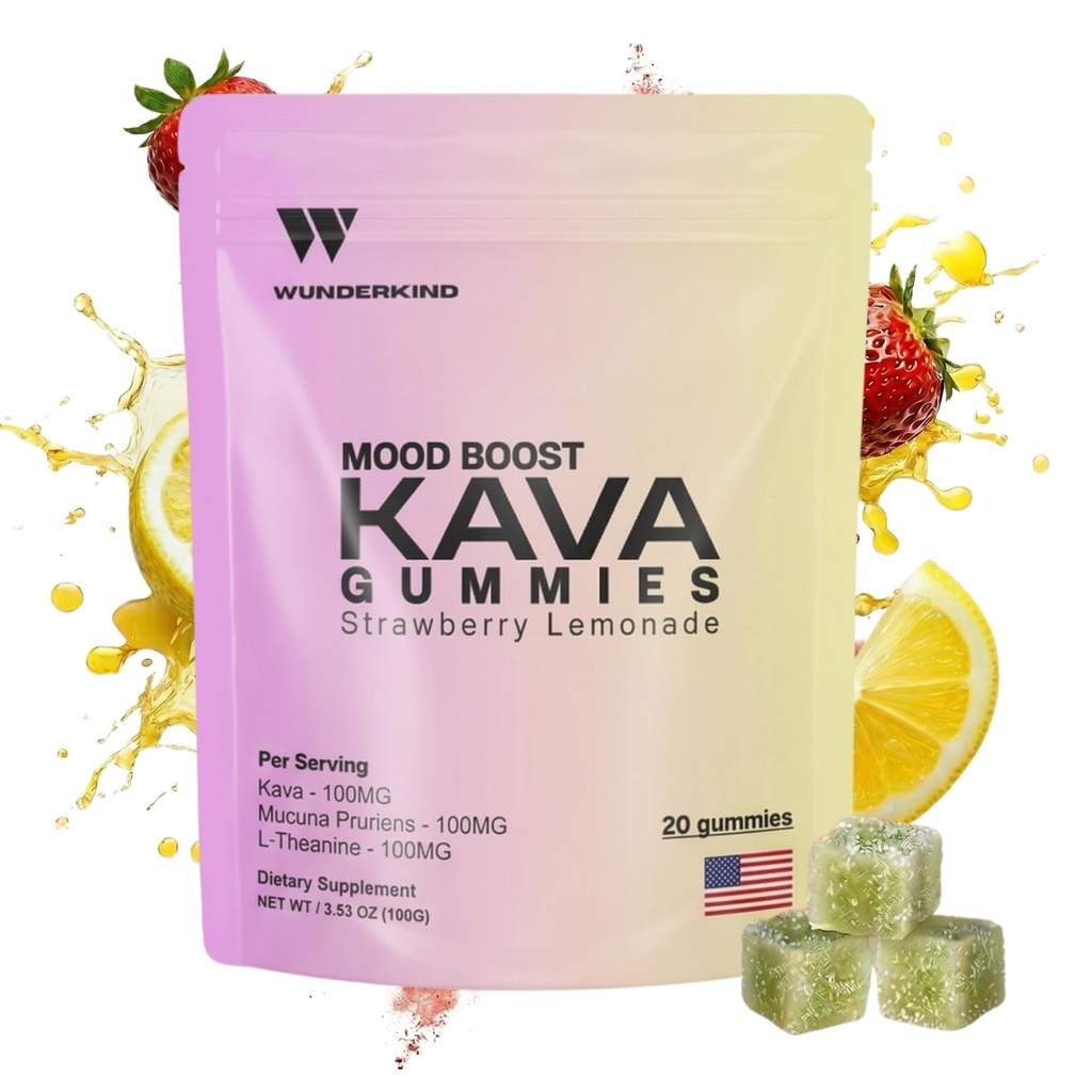 WUNDERKIND Kava Gummies Extra Strength Mood Boost - High-Potency 70% Kavalactones | Natural Stress Relief | Vegan, Clean Ingredients, No Gelatin or Dyes | 1 Gummy Per Serving | Strawberry Lemonade