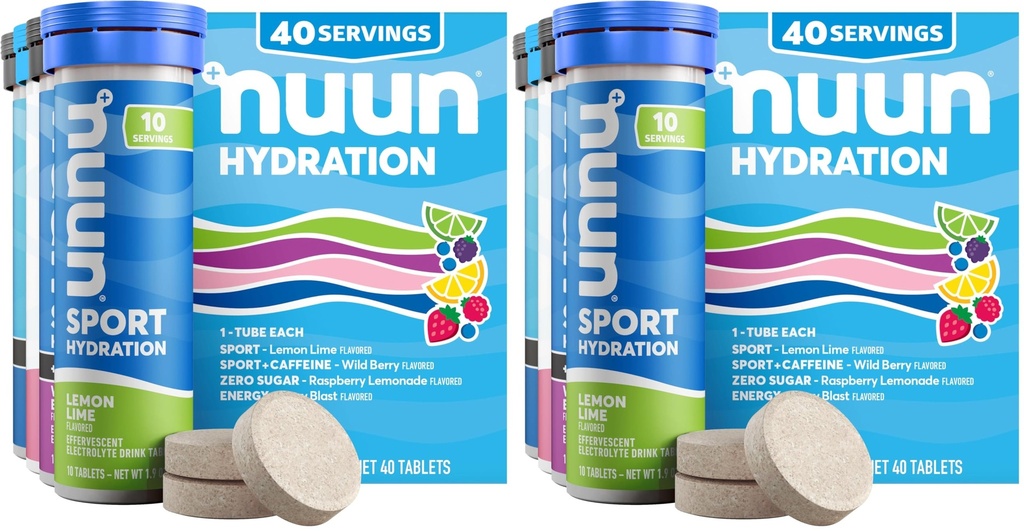 Nuun Hydration Electrolyte Tablets - Sodium, Potassium, Chloride, Calcium, Magnesium, 1g & 0g Sugar Drink Mix Vegan,Gluten Free, Non-GMO Complete Pack, Mixed Flavors,40 Count(Pack of 2)