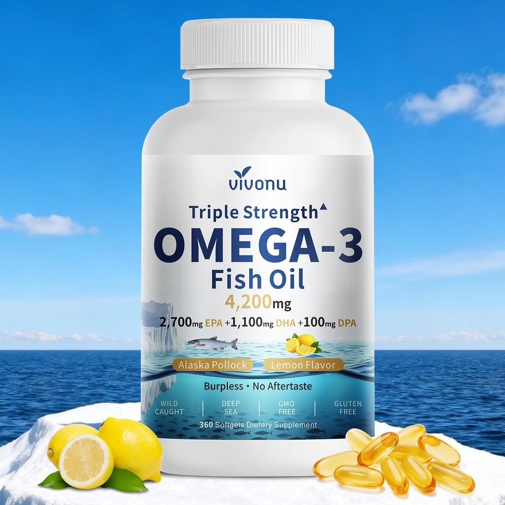 VivoNu Triple Strength Omega 3 Fish Oil - 4200mg, 360 Softgels | Enteric-Coated for No Fishy Aftertaste | Wild-Caught | Third-Party Tested