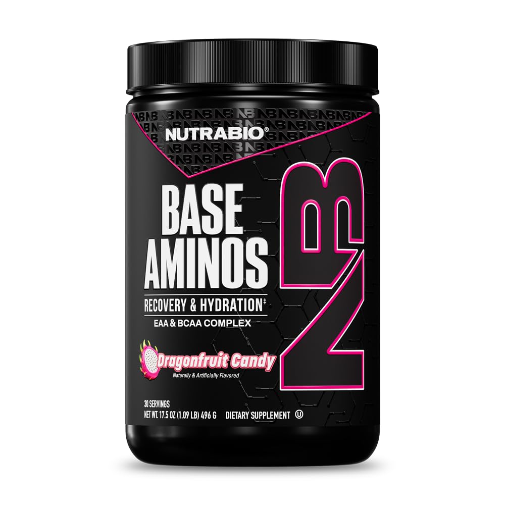 NutraBio Base Aminos EAA + BCAA Toz - 10g Essential Amino Asits Supplement, 6g 2:1 BCAAs, 2.8g Hydration Matrix with Electrolytes & Abxia Advancedr AstraGin® - 30 Servisler- Dragon Meyve Candy