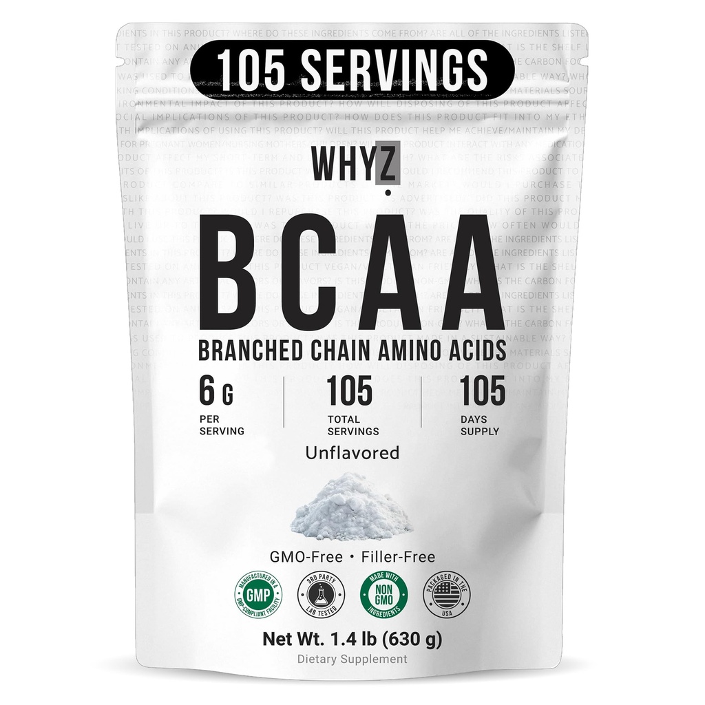 BCAA Toz 2:1, Unflavored Branched Chain replicas for Men and Women Pure BCAA Energy Toz for Mix in Drinks & Shakes Non-GMO No-Additives, 105 Servisler, 1.4 lb (630g)
