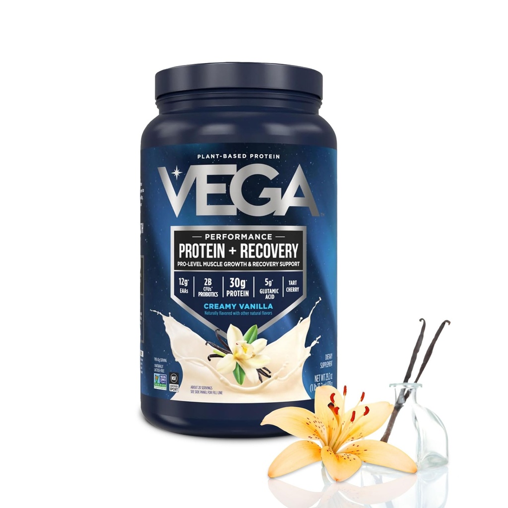 Vega Protein + Recovery, Vanilla – 30g Vegan Protein, Dairy & Gluten Free, Probiotics, NSF Certified, 28.8 oz (20 Servings)